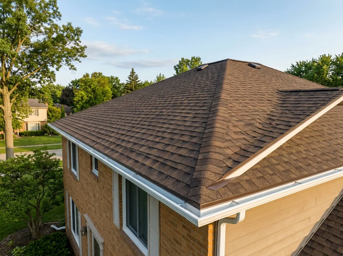 Two-story house with a new brown architectural asphalt shingle hip roof, metal drip edge and white aluminum gutters