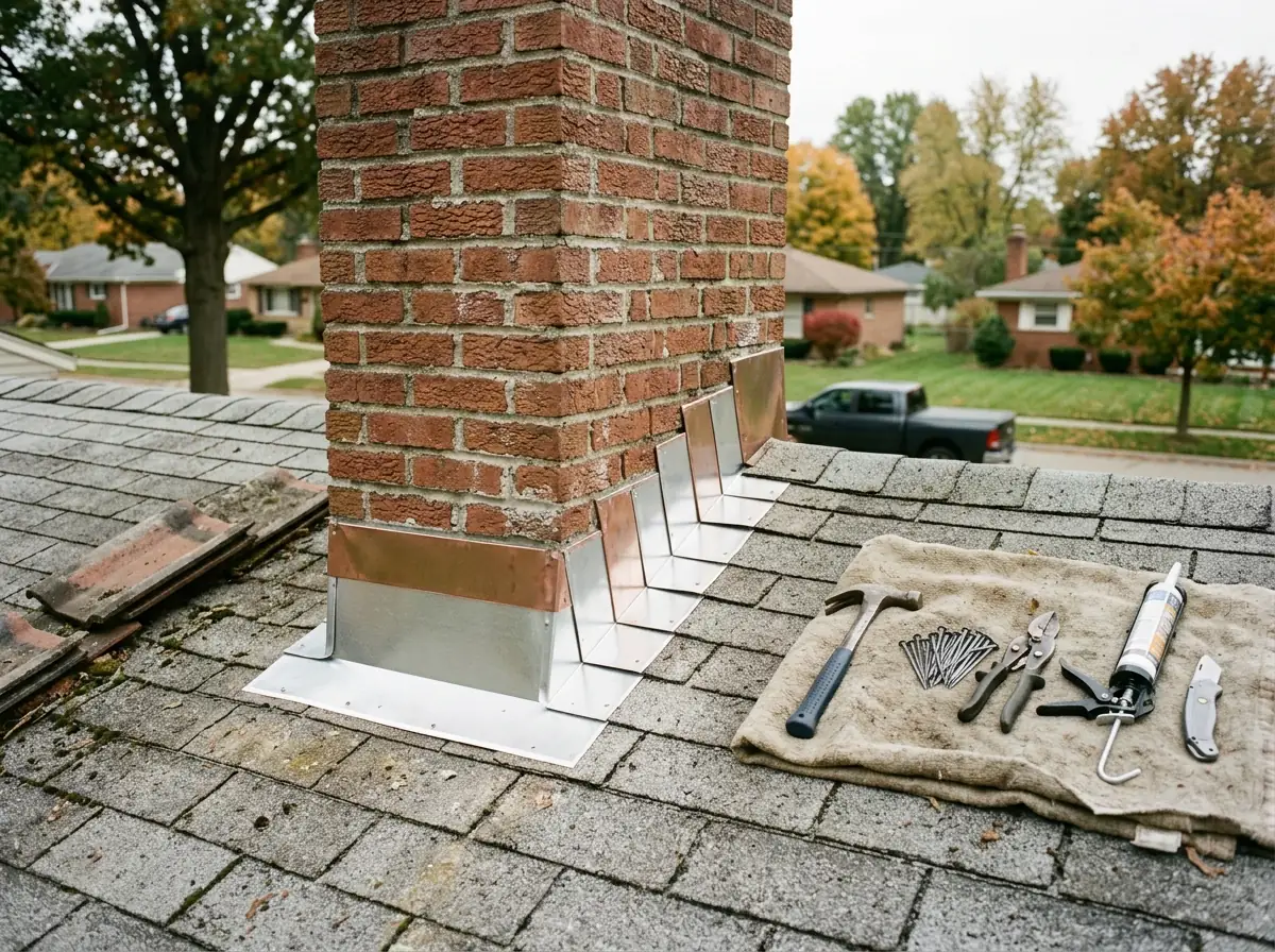 New aluminum step flashing woven into shingles along a brick chimney, with counter flashing lapped over it