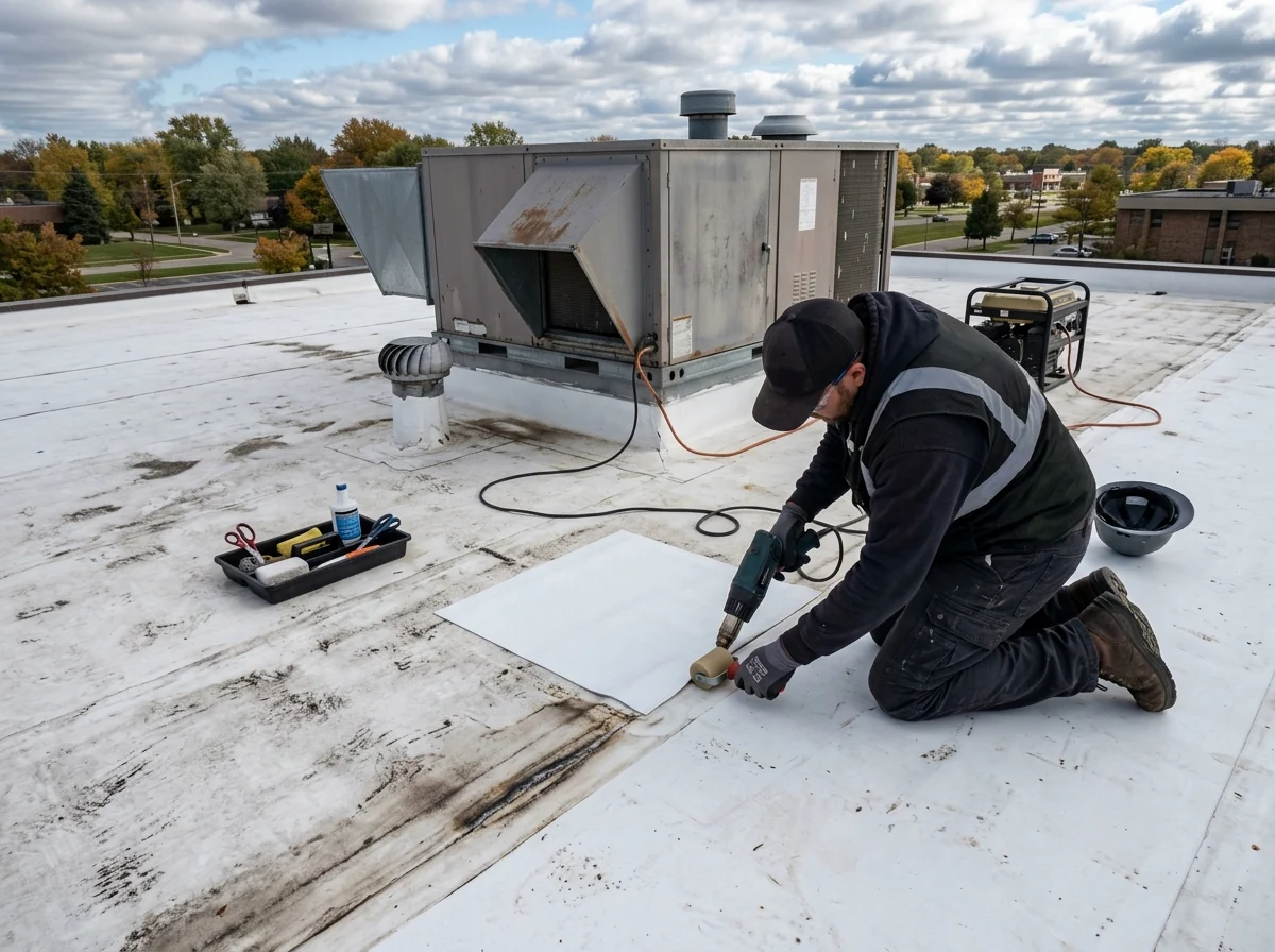 Roofer heat-welding a TPO patch over an open seam on a white office building roof near a rooftop unit