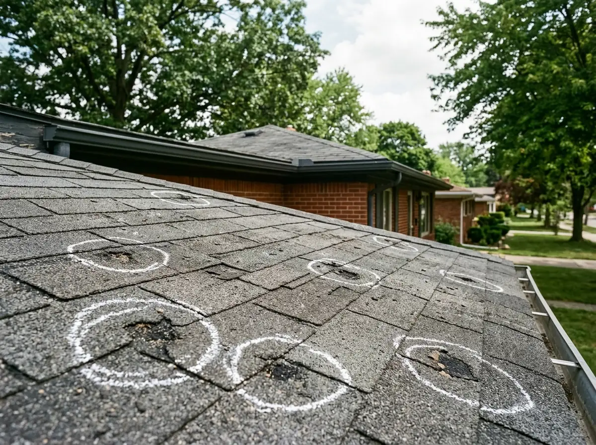 Asphalt shingles with several chalk-circled hail hits showing dark spots of missing granules