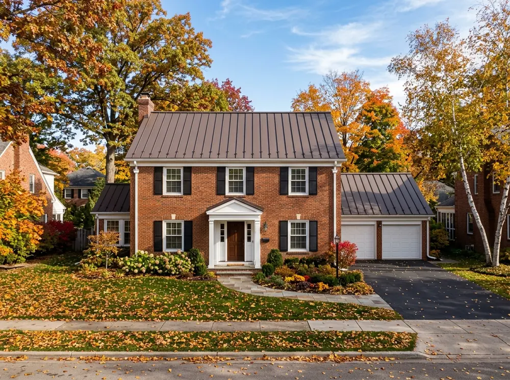 Two-story brick colonial house with a dark bronze standing seam metal roof and vertical panel seams