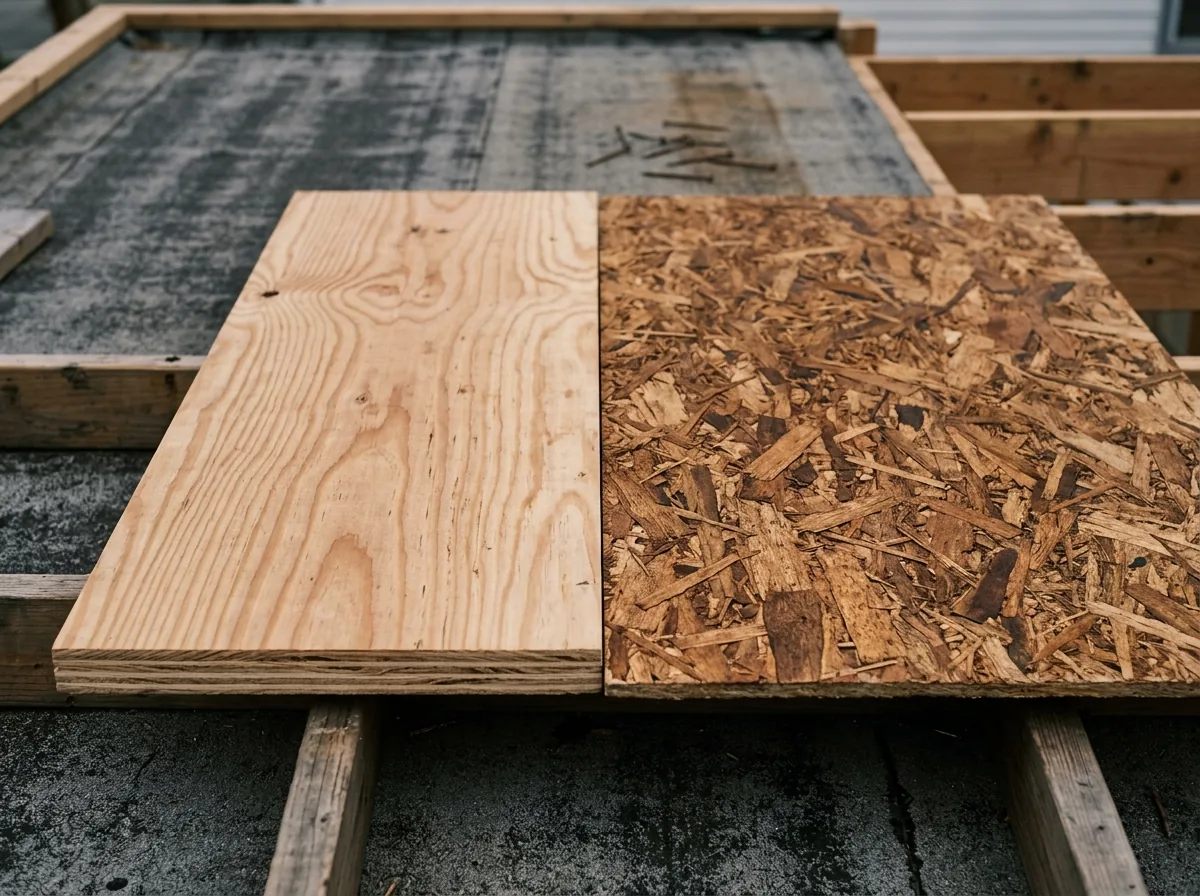 Sheet of plywood and sheet of OSB side by side on a roof deck, showing veneer layers and wood strands