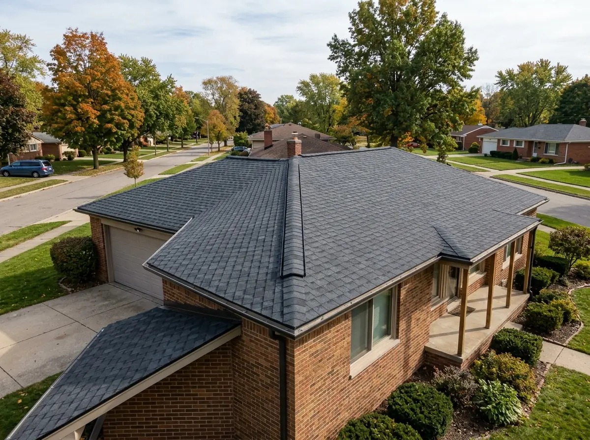 Shingle-over ridge vent along the peak of an asphalt shingle roof on a brick ranch, capped with ridge shingles