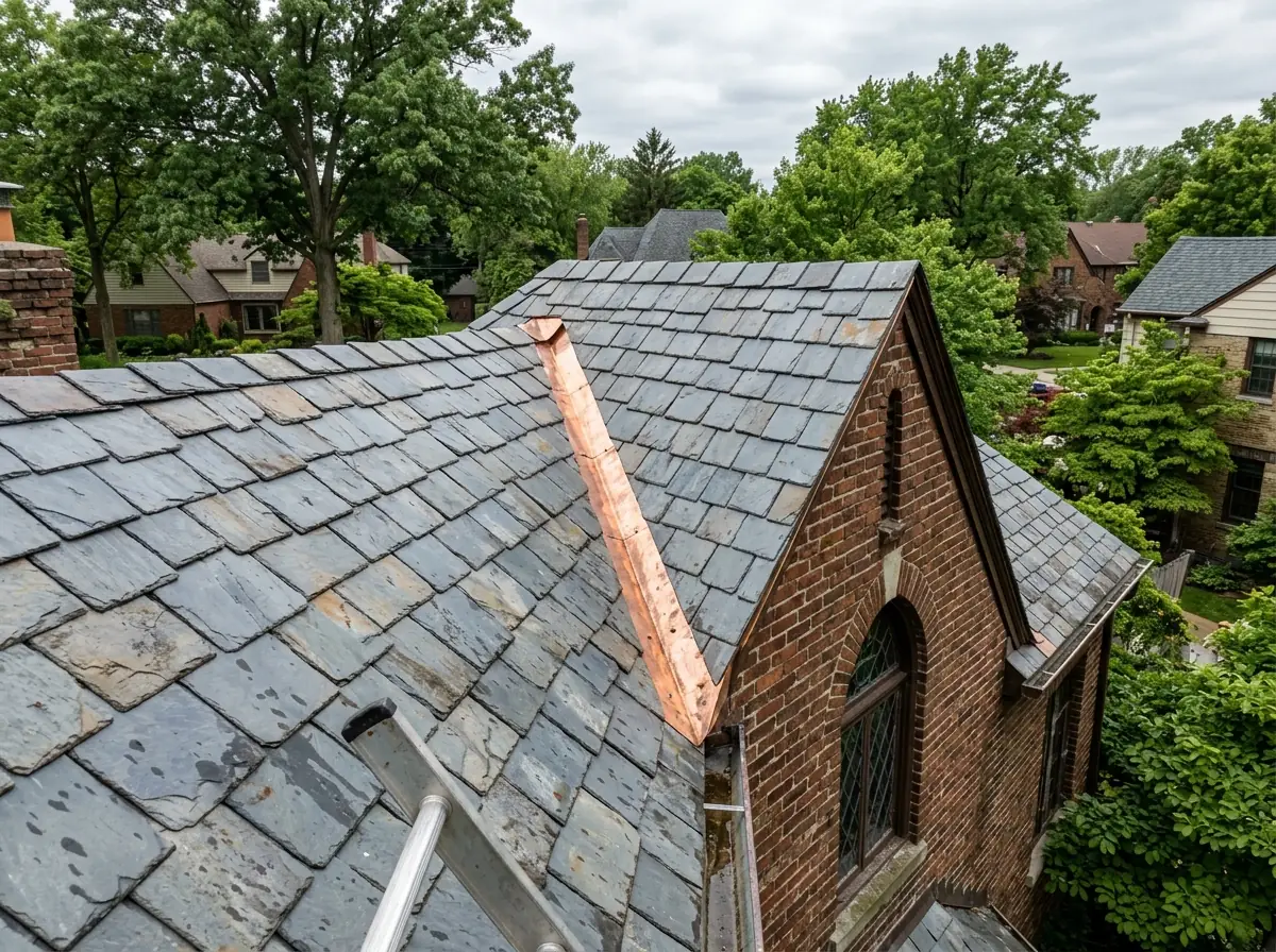 Gray natural slate roof with copper flashing on an older brick house with steep gables