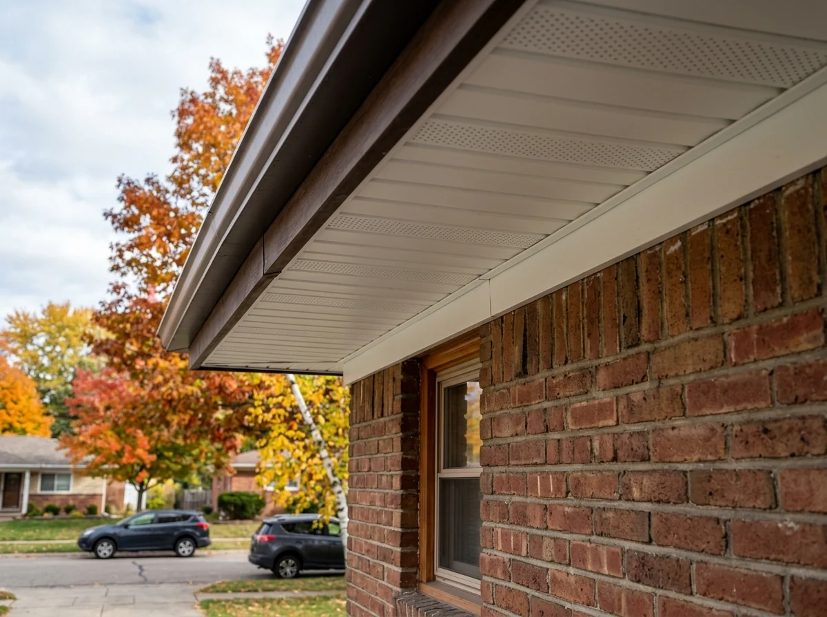 Rows of white vented vinyl soffit panels under a brick ranch eave, held in a J-channel along the wall